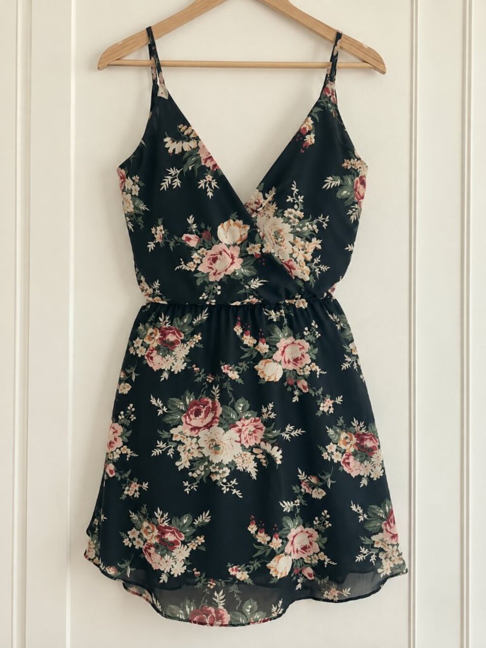Final Touch Black Floral Midi Dress with V-Neck and Double Spaghetti Straps
